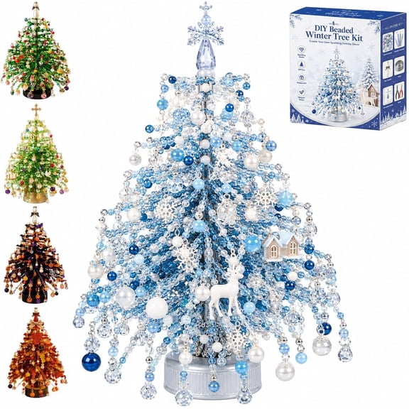 DIY Beaded Christmas Tree Kit, 3D Bead Pearl Art Craft Set with Colorful Beads and Sparkling Decor, Tabletop Holiday Decoration (Winter)