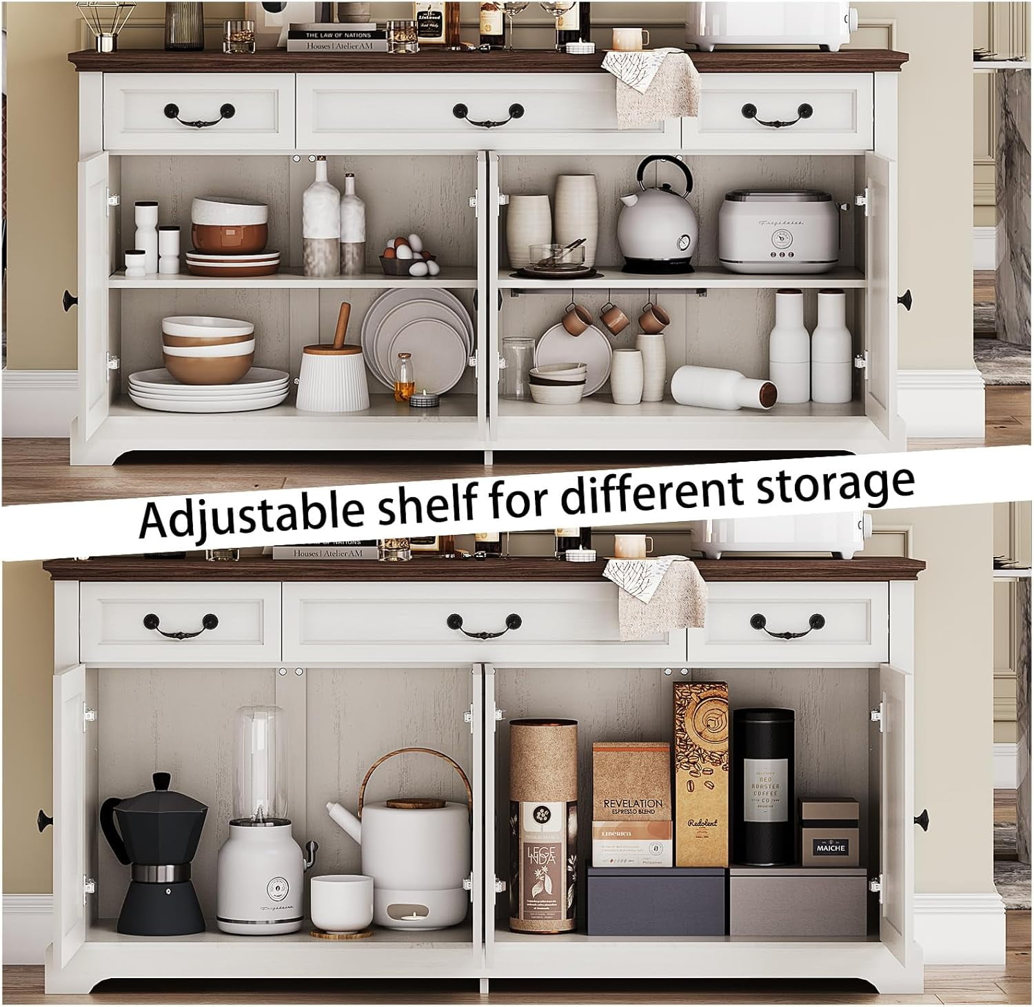 Farmhouse Sideboard Buffet Cabinet with Storage, 64.6'' Large Kitchen Storage Cabinet with Barn Doors Drawers, Wood Coffee Bar Table for Dining Room Living Room, White & Brown