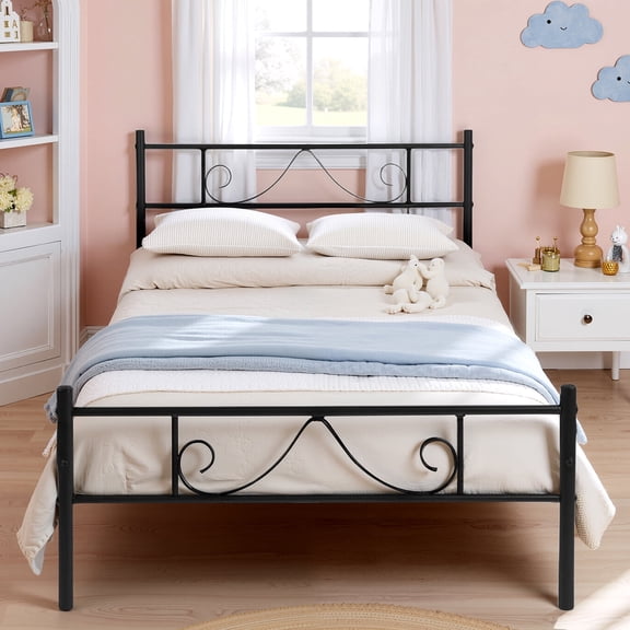 Simenmax Twin Size Metal Platform Bed Frame with Headboard and Footboard, Heavy Duty Mattress Foundation with Steel Slats Support, No Box Spring Needed, Black