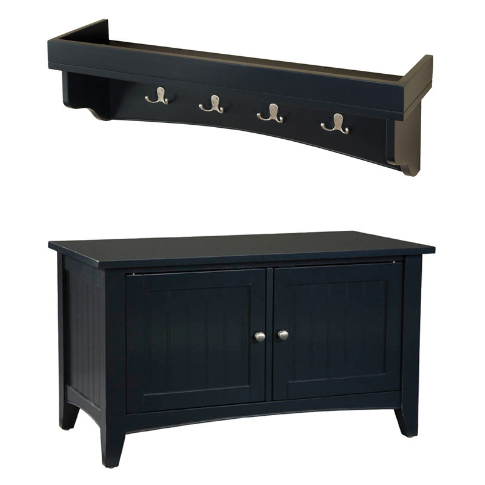 Alaterre Shaker Cottage Storage Bench/Coat Hooks with Tray, Black