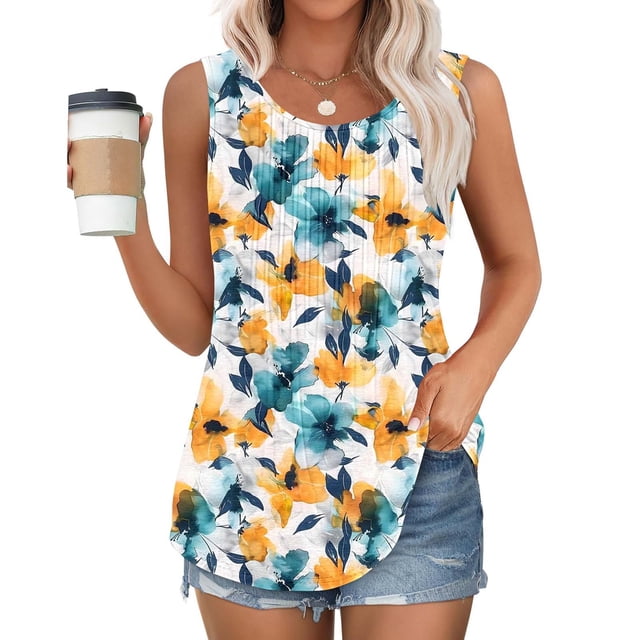Frostluinai Débardeurs Boho pour Femmes Tuniques Sans Manches Col Rond Gilets Plissés Imprimé Floral Vintage Débardeurs Boho Décontractés Liquidation