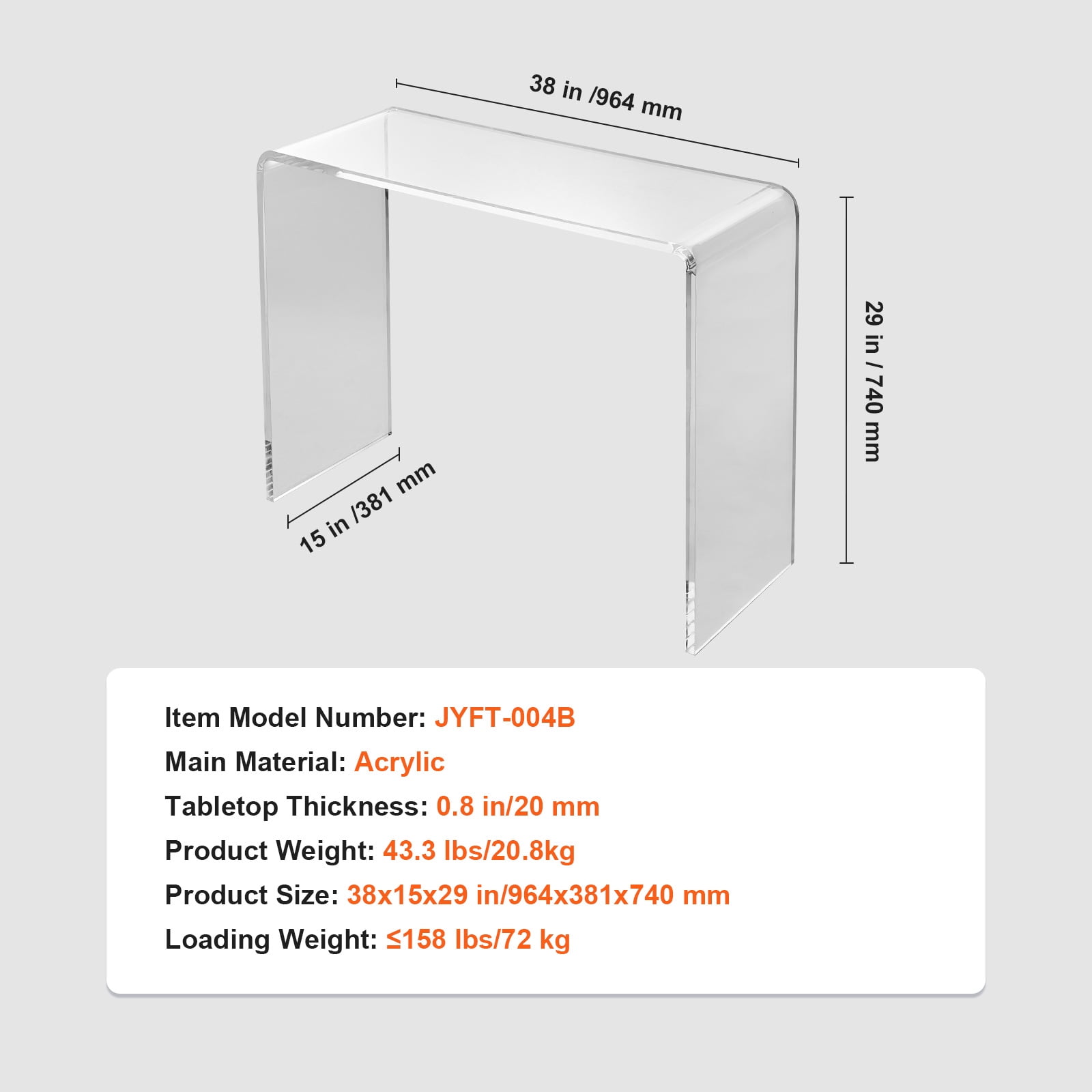 KFFKFF Clear Plexiglass Sofa Table, Transparent Plexiglass Accent Table, Acrylic Side Table with Dimensions 37.95x15x29.13 inch, Suitable for Entryway, Lounge, Dining Area