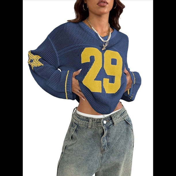 Suéter Tipo Jersey con Cuello en V y Blusas de Crochet Extragrandes para Mujer, Estilo Y2K Amarillo y Azul M