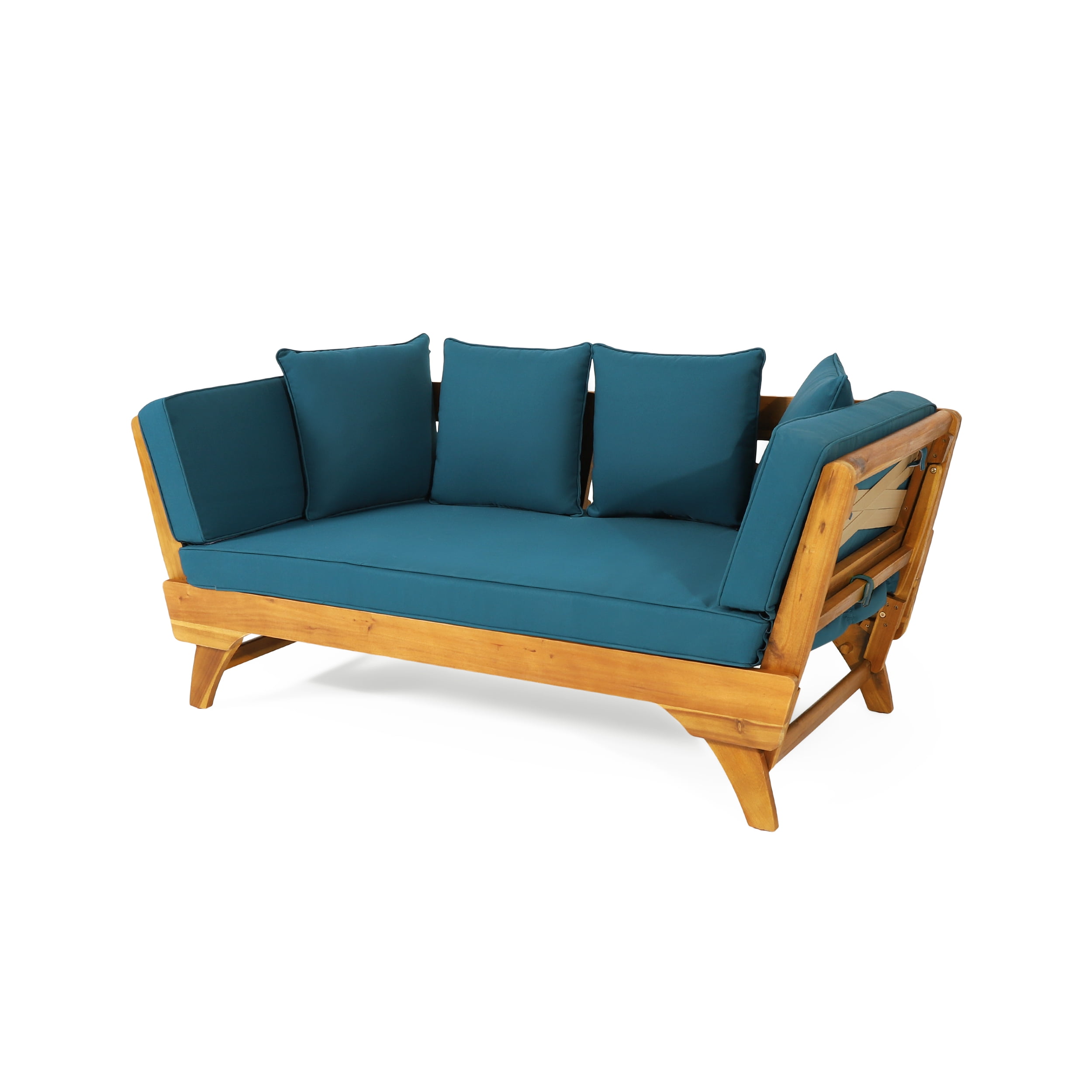 Outdoor Convertible Sofa Rest Bed with Cushions, Expandable Acacia Wood Leisure Furniture for Patio Garden, Teak and Beige
