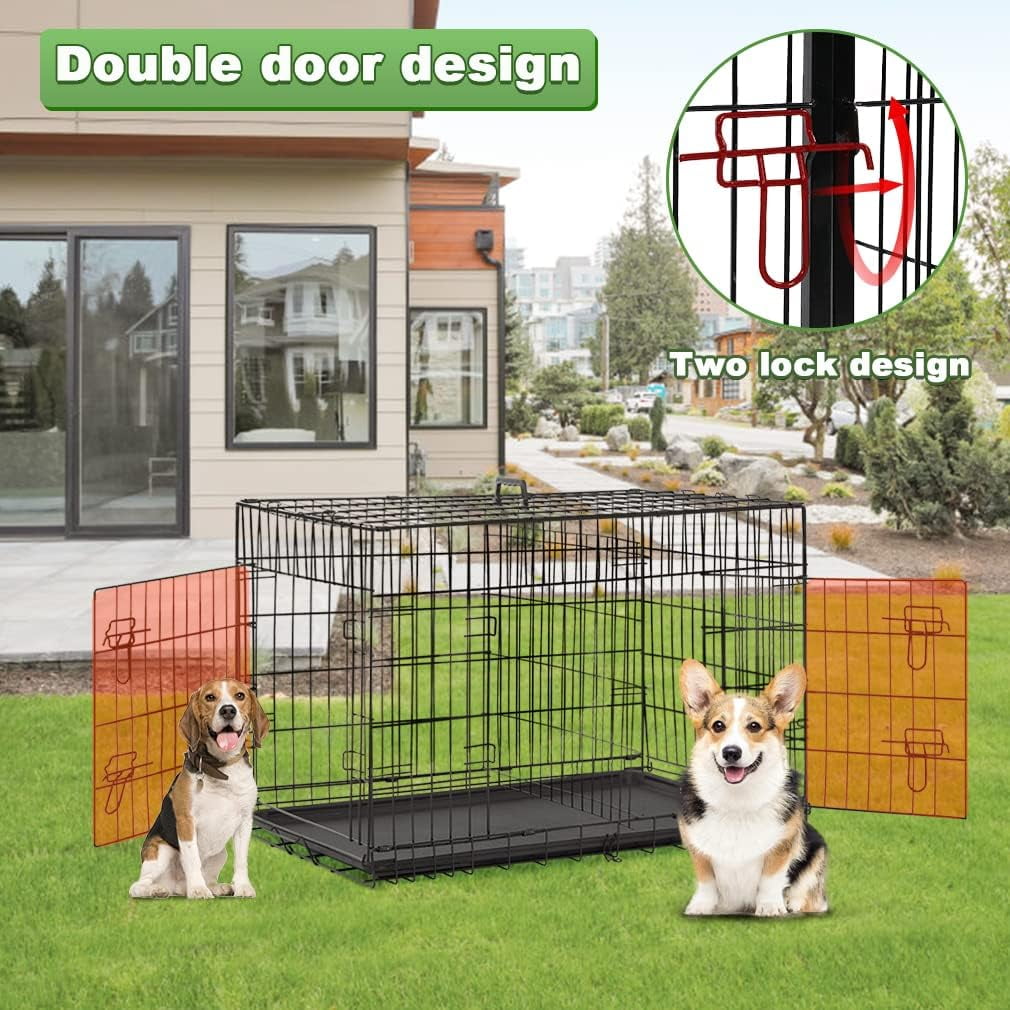 XF XINFENG 48 inch Folding Dog Crate Metal Dog Cage Kennel with Double-Door and Tray, Black