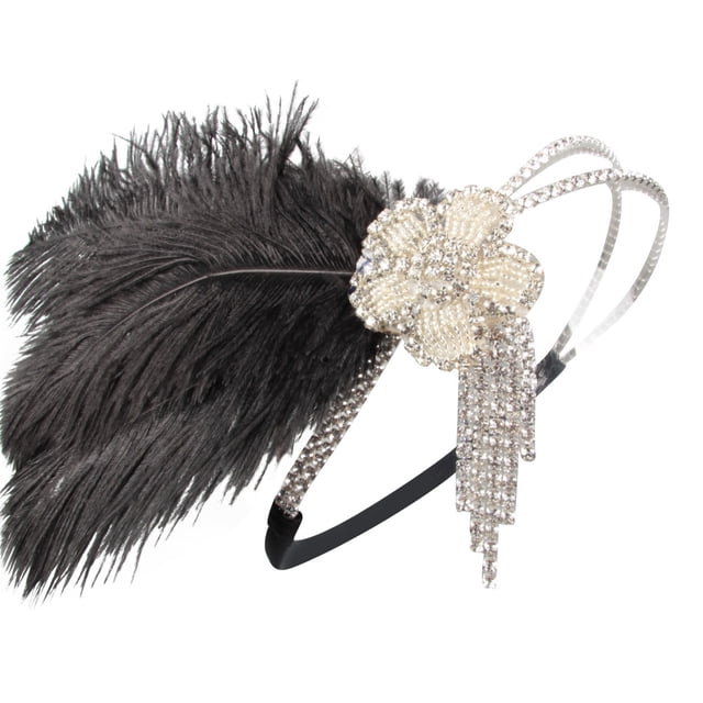 Diadema de plumas de avestruz, tocado para mascarada, banda para el cabello estilo Gatsby