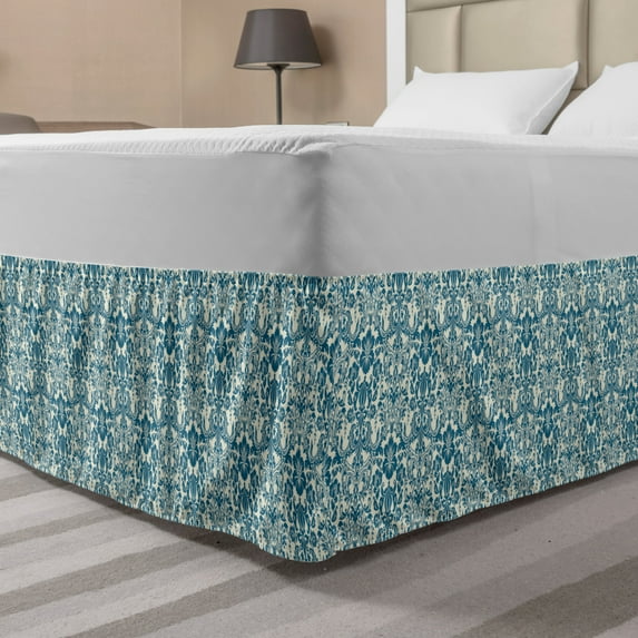 Ivory and Blue Bed Skirt, Damask Swirled Leaves and Blooming Flowers Baroque Arrangement, Elastic Bedskirt Dust Ruffle Wrap Around for Bedding Decor, 4 Sizes, Petrol Blue and Ivory, by Ambesonne