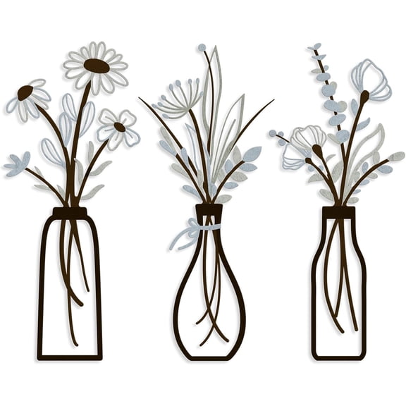 Metal Wall Art – 3 Piece Rustic Farmhouse Vase Flowers Wall Decor, Black Minimalist Floral Metal Art for Home, Bedroom, Dining Room, and Housewarming (Brown-Blue)