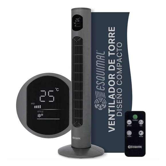 Ventilador de Torre, Silencioso, Pantalla Led, Oscilante 90°, 3 Velocidades (Gris, 97 cm)