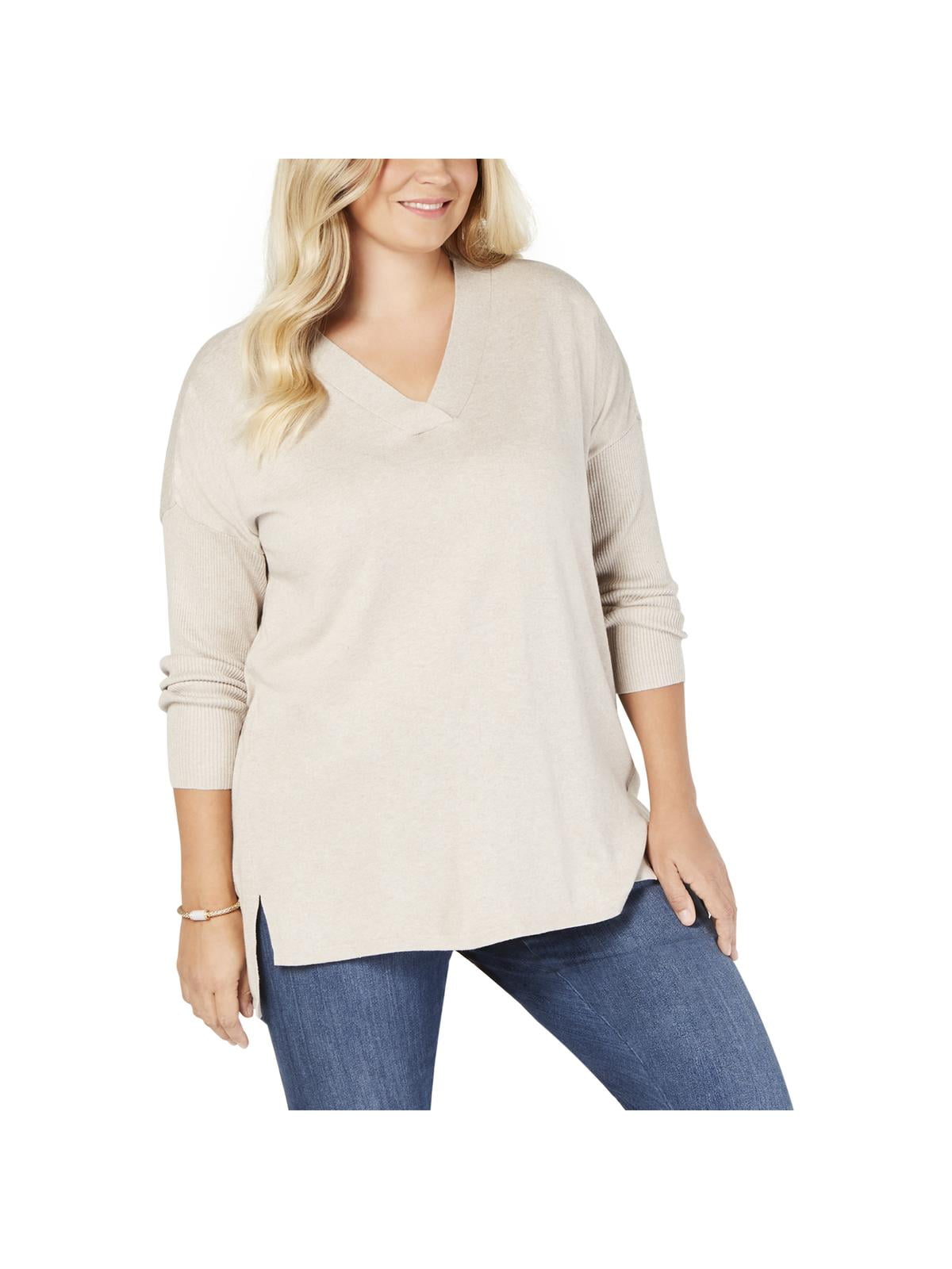 Photo 1 of Size 1X Style Co. Women's Plus Size Cotton Blend V-Neck Tunic Sweater Tan 