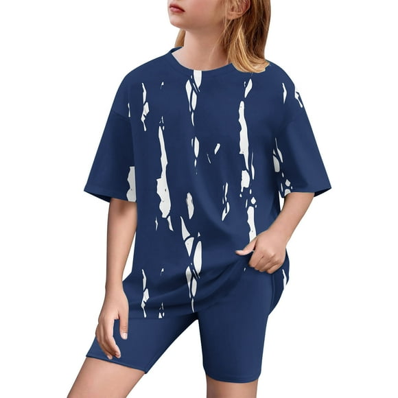 Girl 2 Piece Outfits Toddler Girl Clothes Oversized Short Sleeve T Shirt Active Running Bike Short Sets 5-15y