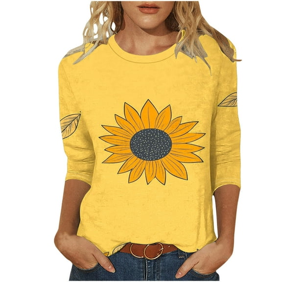 CYMMPU Crewneck Floral Printed 3/4 Length Sleeve Summer Fall Shirts Business Work Blouses Plus Size Tunic Tops Vintage Basic Tees 2025 Clothes for Women Yellow XXL