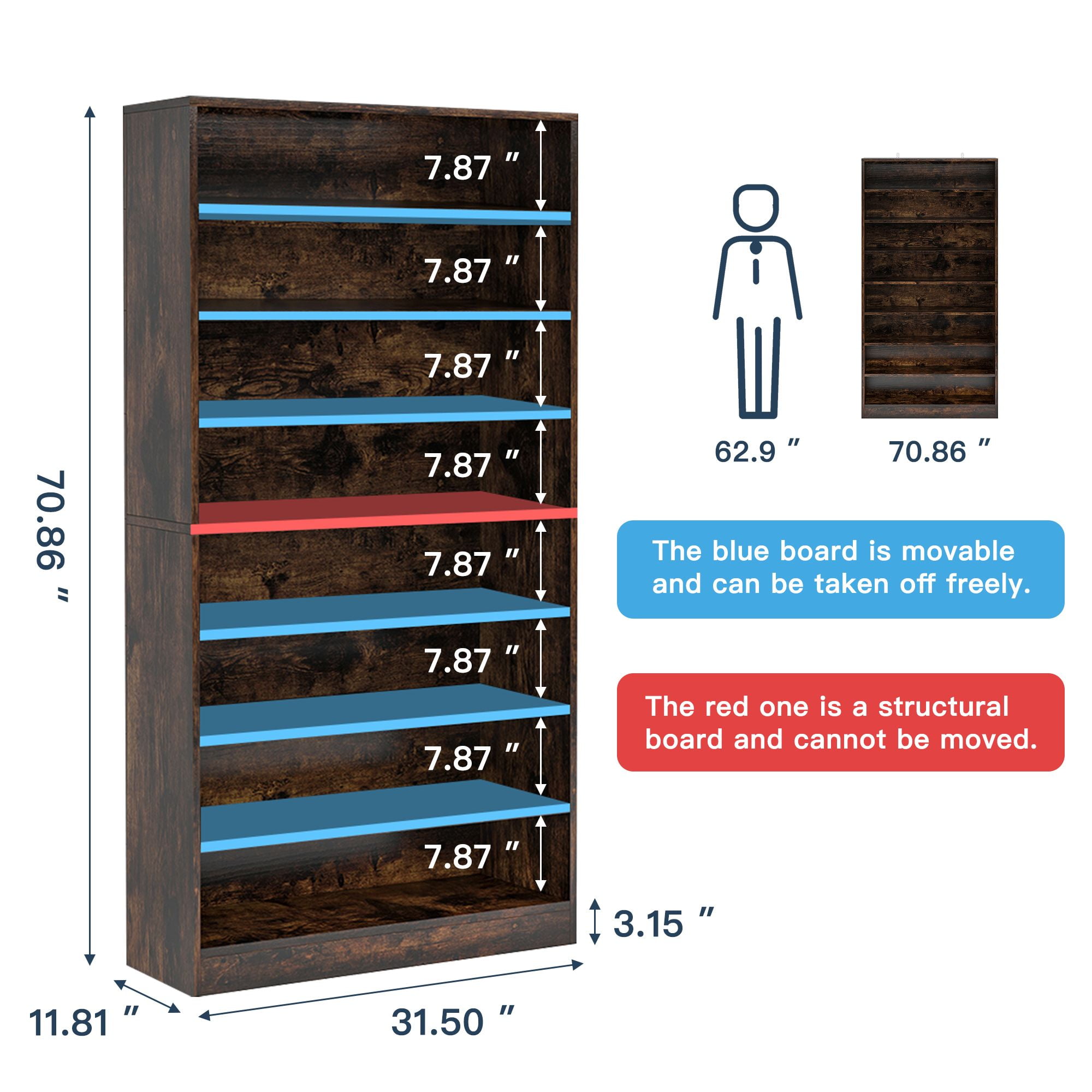 Demi Bonn Wooden Shoe Rack 9-Tier Shoe Storage Organizer Entryway Shoe Shelf, 40-45 Pairs Freestanding Shoe Cabinet, Rustic Brown