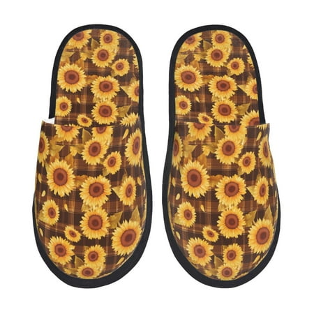Balery Vintage Brown Plaid Sunflower Slient Indoor Furry Fleece Comfort House Shoes Soft Non-Slip Home Shoes Cotton slippers House Slippers-- Medium