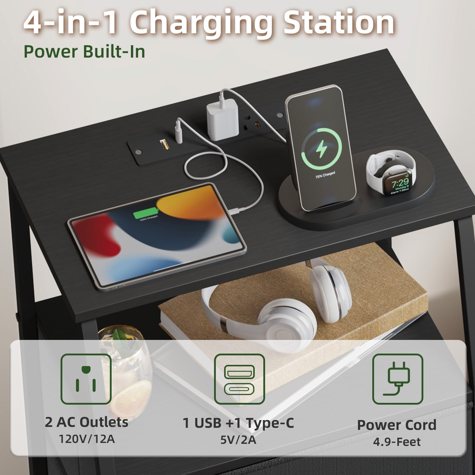 Eunos Small Nightstand with Charging Station for Bedroom, 2 Black Drawer Dresser with Storage Shelfs