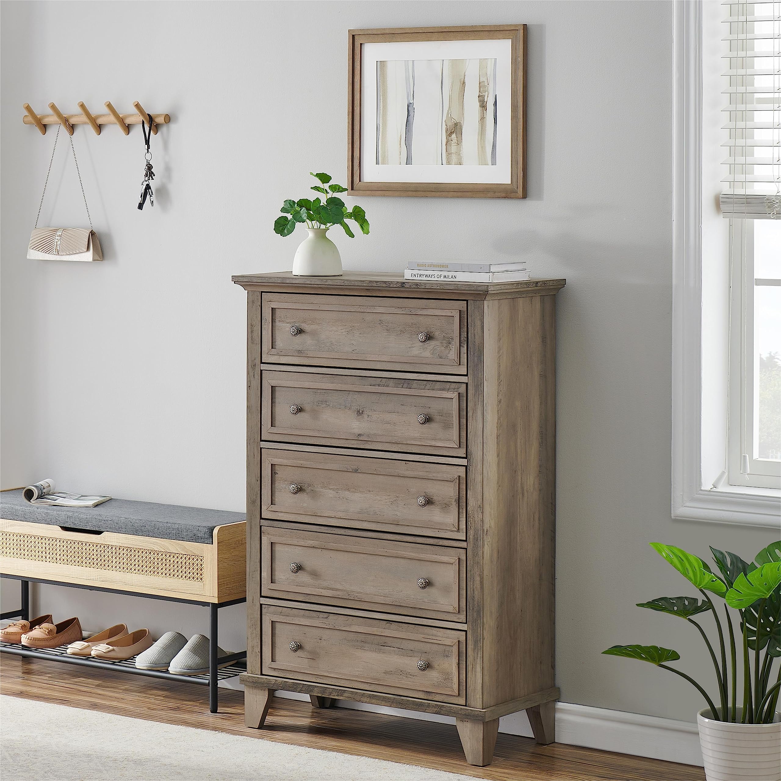 5 Drawer Dresser for Bedroom, 48" Tall Modern Chest of Drawers with Deep Drawers, Wood Storage Cabinet with Vintage Metal Handles for Living Room, Hallway, Grey