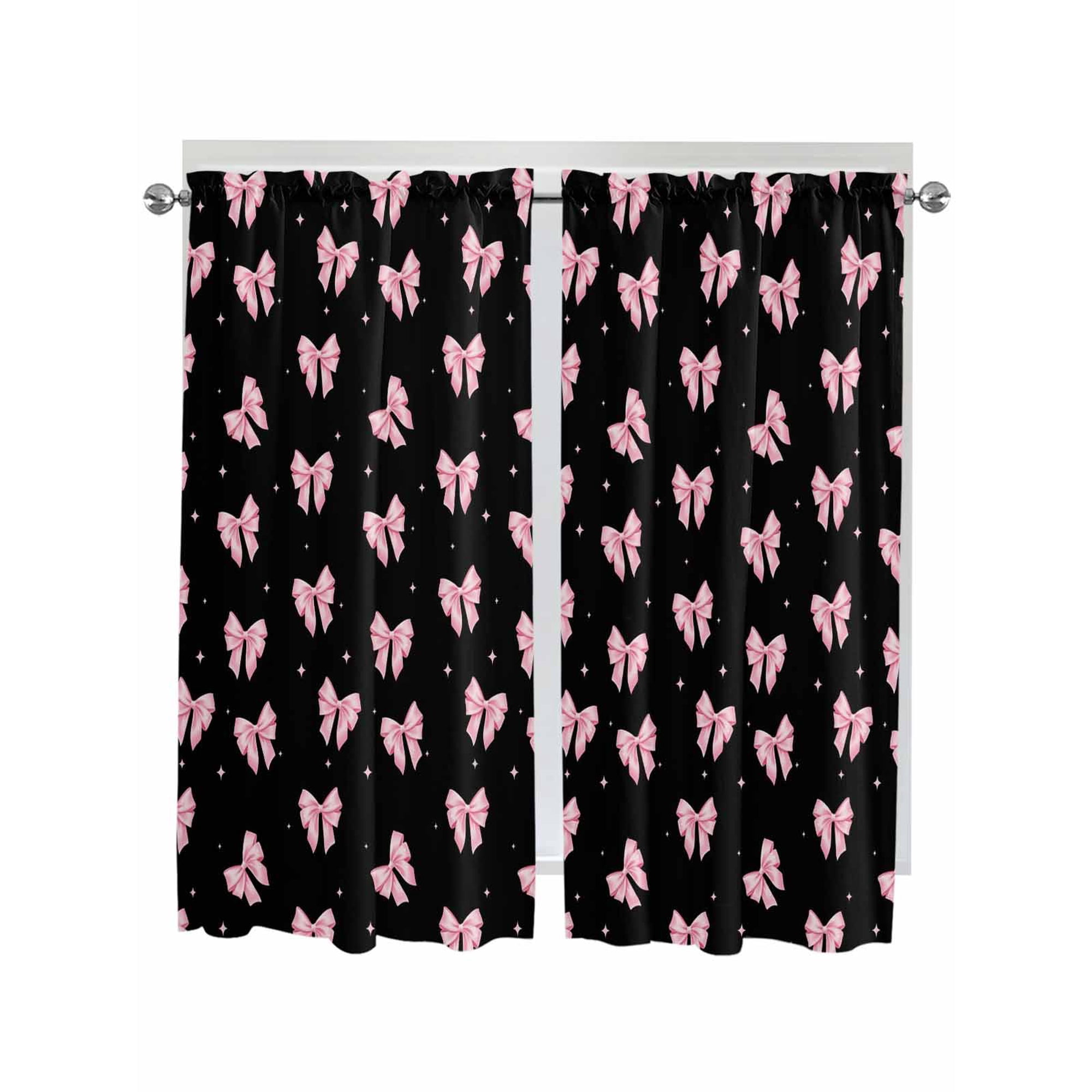 Valentine s Day Bathroom Window Curtain Pink Bows Shining Stars Modern Black Light Filtering Coffee Kitchen Curtains Bedroom Living Room Curtains 2 Panel 84 x63