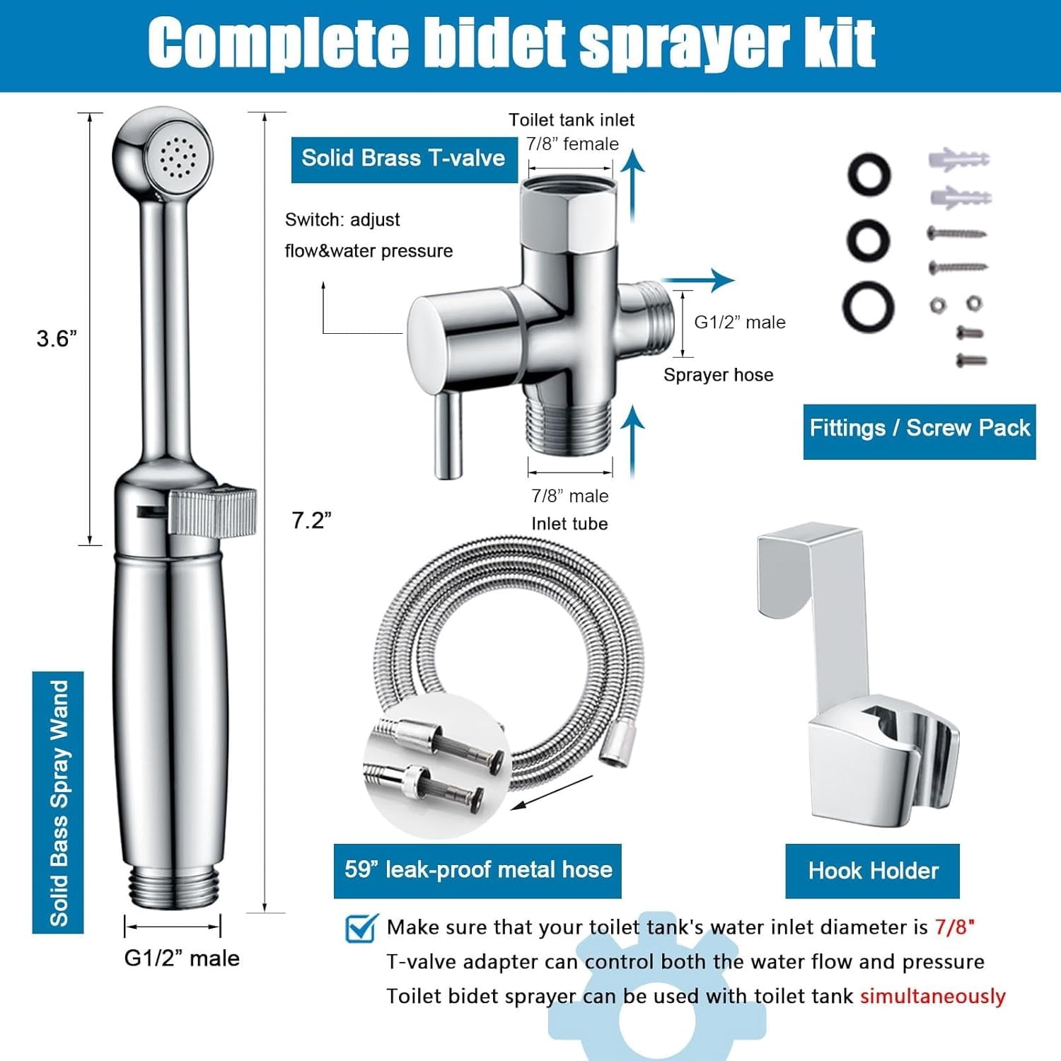 Handheld Bidet Sprayer for Toilet, Cloth Diaper Sprayer Set Hand Held Bidet Jet Spray for Toilet with Backflow Preventer, Adjustable Water Pressure Control, Brass 7.2" Hand Bidet Wand, Chrome