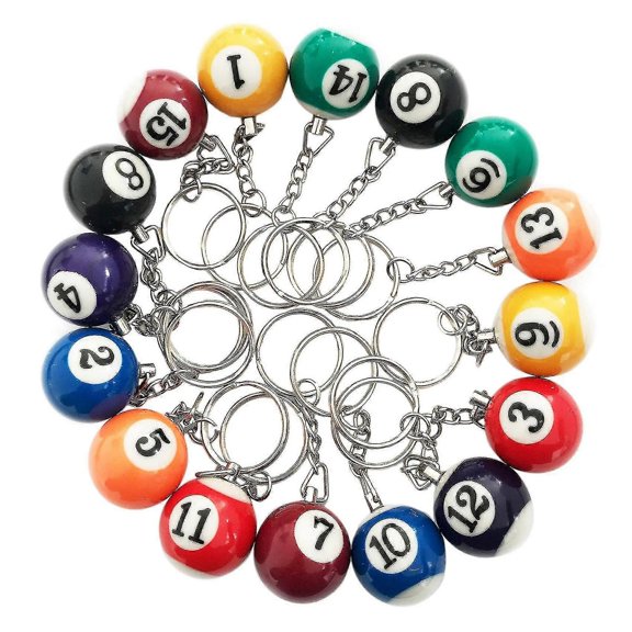 Colorful Billiard Ball Keychain Set 16 Pcs, Key Chain Balls Eightball Billar Chains Accessories