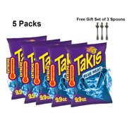 Takis Blue Heat 9.9 oz Sharing Size Bag, Hot Chili Pepper Rolled Tortilla Chips (5 Packs) Free Gift Set of 3 Spoons.!