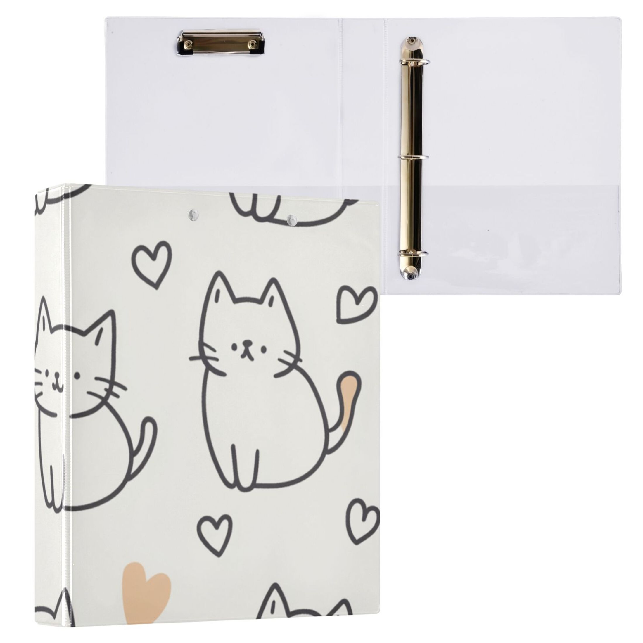 Cute Cats Hearts 3 Ring Binders 1.5 inch Hardcover File Folders with Interior Pockets A4 Size Organizer for School Office Hospital