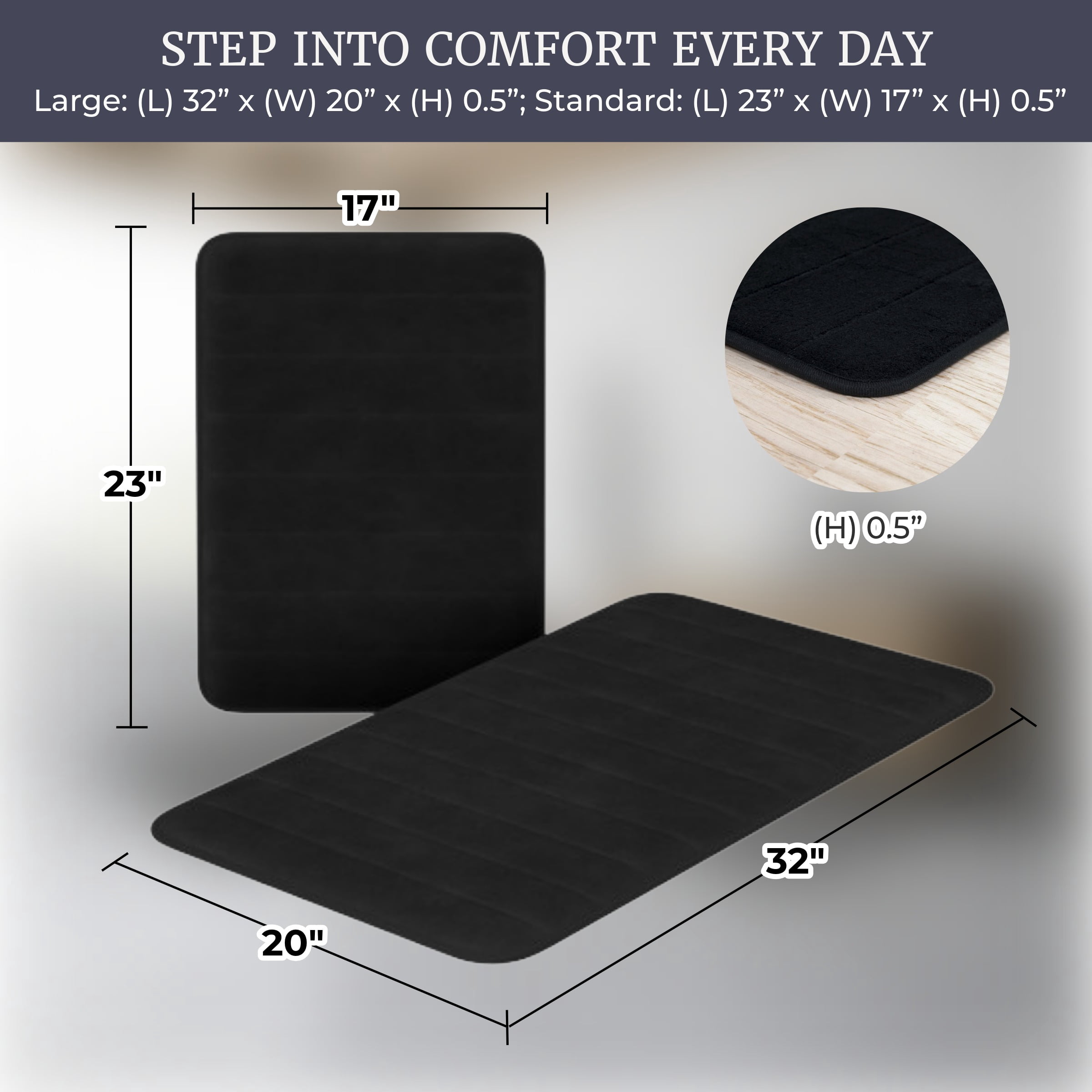 Lavish Home Set of 2 Bath Rugs – Non-Slip Memory Foam Bathroom Set, Black