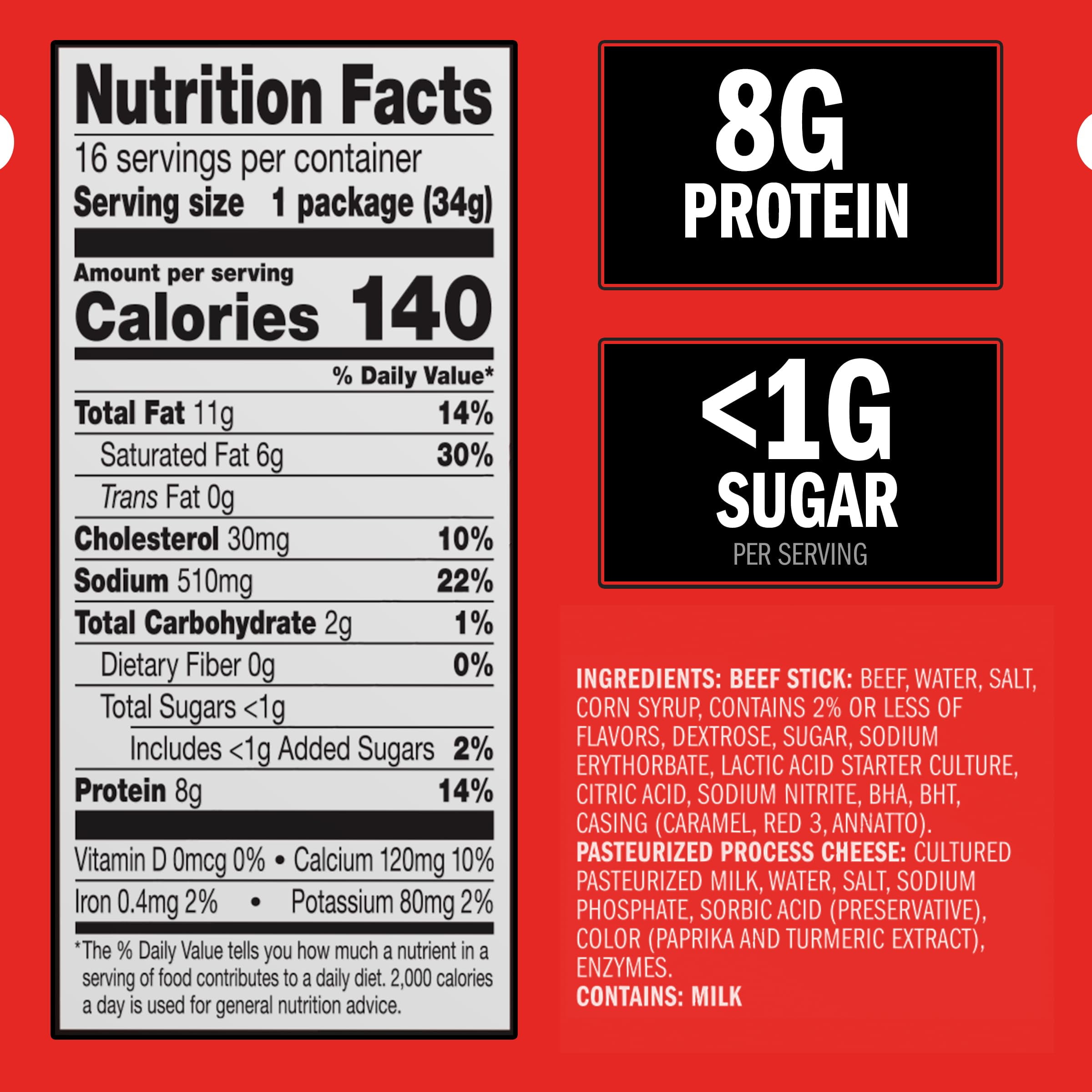 Jack Links Original Beef & Cheese Combo Snack Pack – 100% Beef Stick And Cheese Stick Made With Real Wisconsin Cheese - 8G Protein And 140 Calories Per Serving, 1.2 Oz. (Pack Of 16)