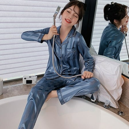 

QWZNDZGR Solid Color Couple Sleepwear Silk Satin Pajama Sets Long Button-Down Pyjamas Home Clothes Pijama Men s Loungewear Plus Size Pjs