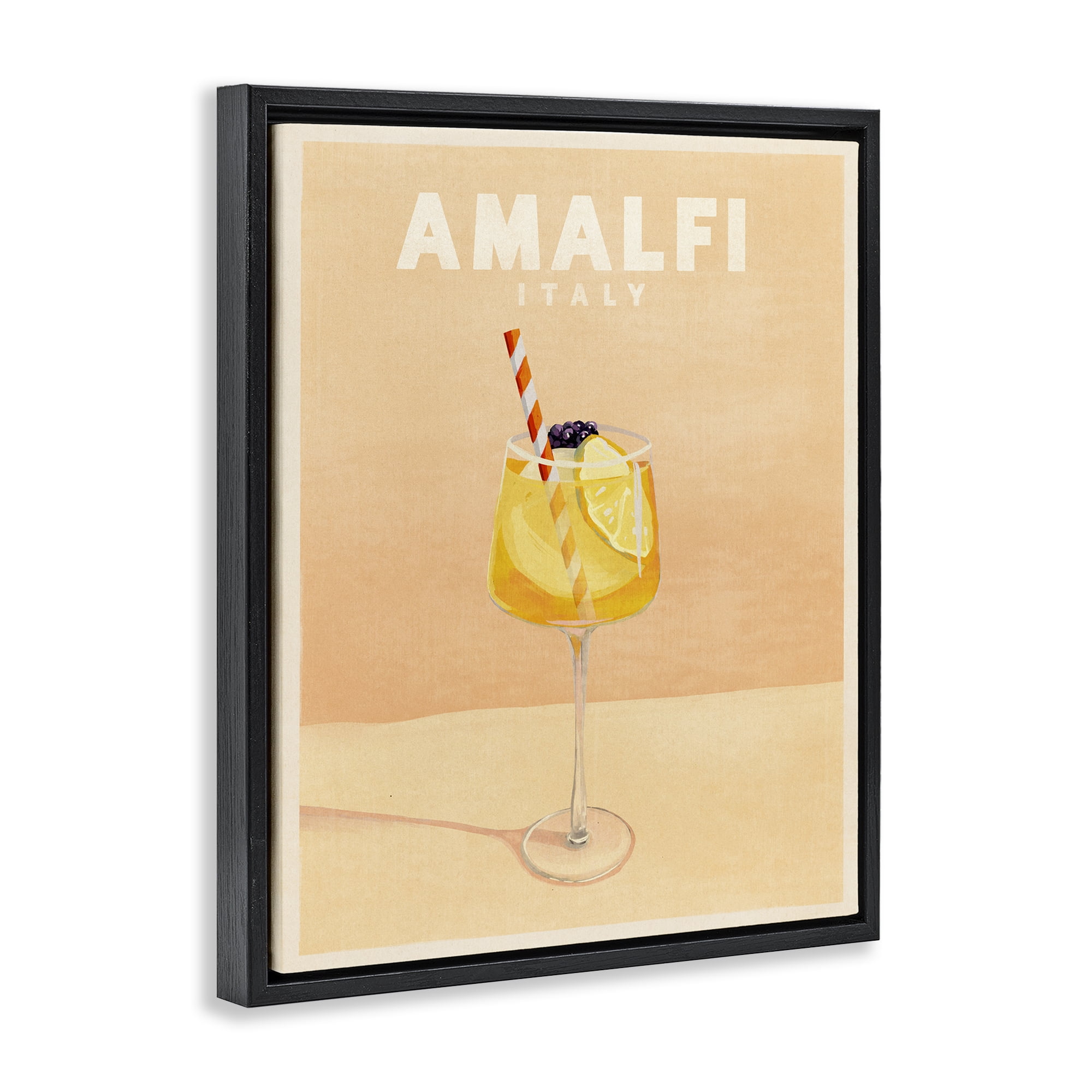 Stupell Industries Amalfi Italy with Cocktail Food & Beverage Painting Black Floater Framed Canvas Art Print Wall Art, 25 x 31