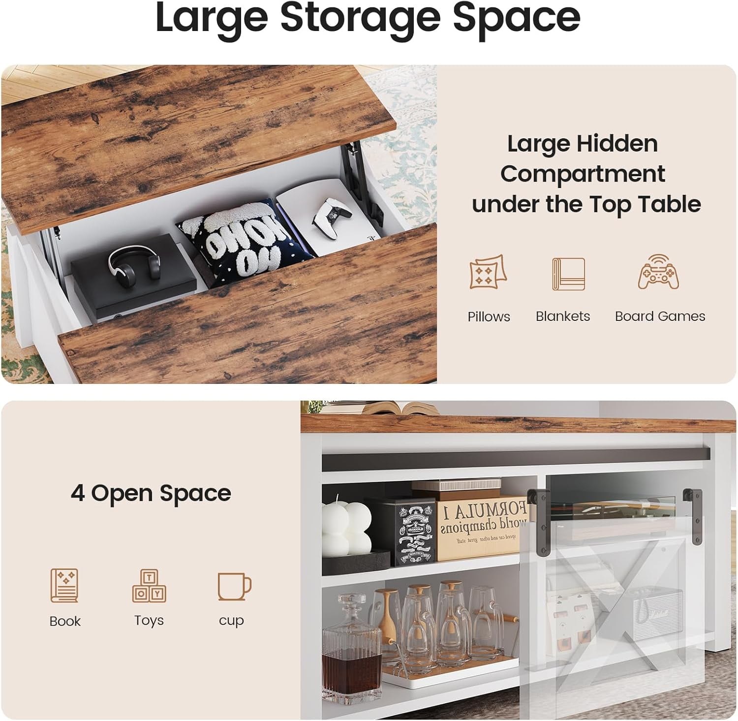 31.5" Square Lift Top Coffee Table, Farmhouse Coffee Table with Ample Storage, Wood Center Table with Sliding Doors and Large Hidden Space for Living Room Home Office, White