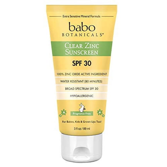 Babo Botanicals Zinc Sunscreen Lotion SPF 30 with 100% Mineral Actives, Non-Greasy, Water-Resistant, Fragrance-Free, Vegan, For Babies, Kids or Sensitive Skin, Clear, 3 Fl Oz