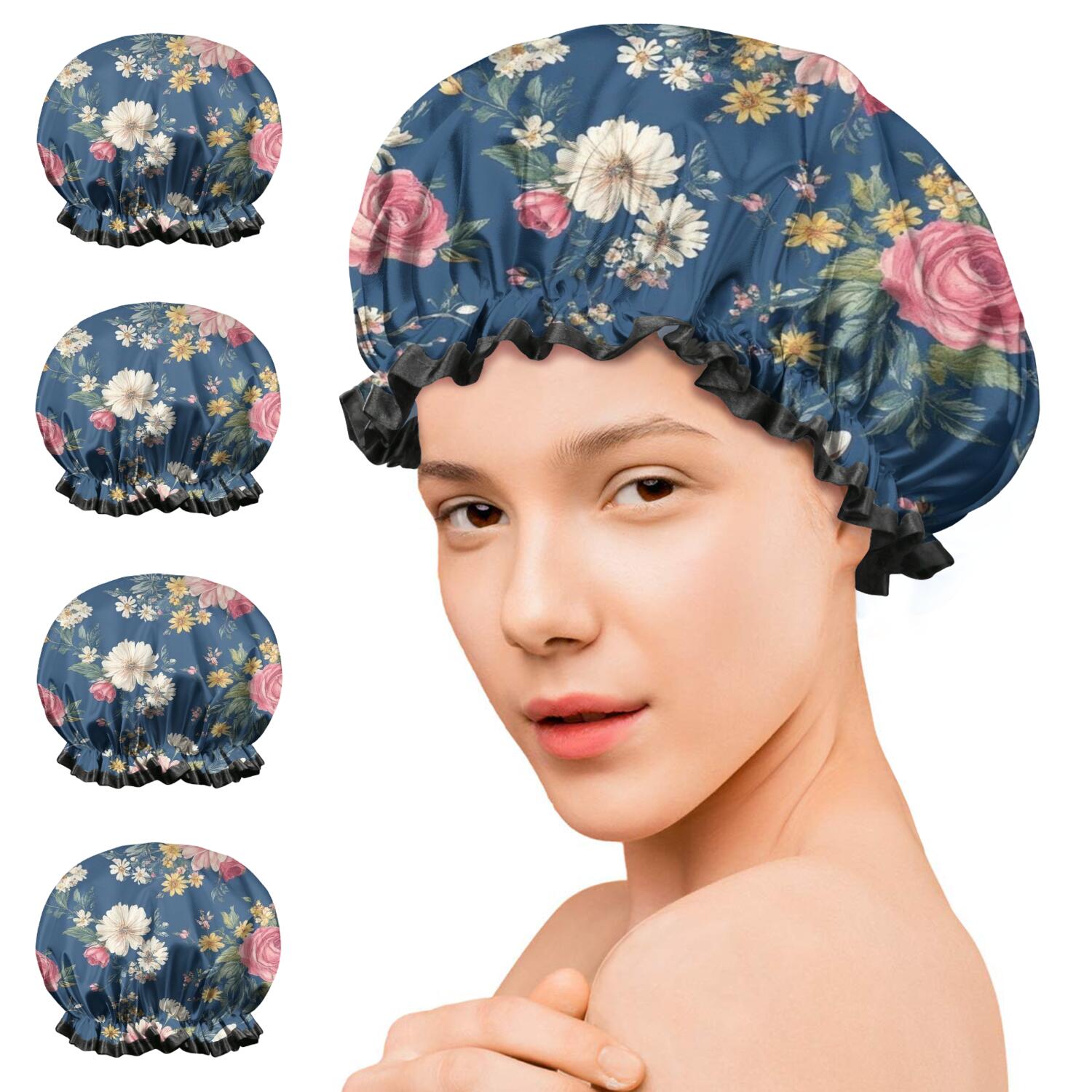 Shower Caps,Pioneer Flower Floral Print Pattern Waterproof Shower Cap for Women 4 Pieces,Double Reusable Hair Cover for Shower PEVA Elastic Stretch Hem