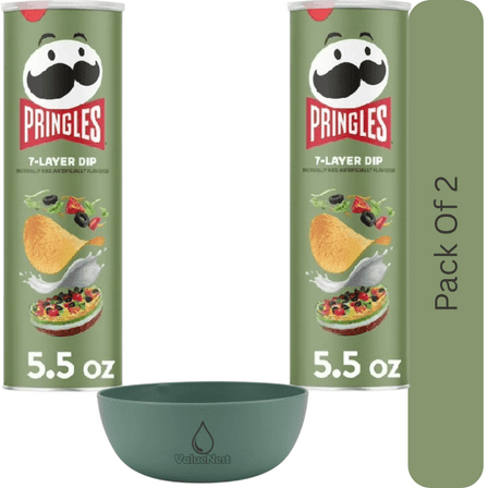 Pringles 7-Layer Dip Potato Crisps Chips, Lunch Snacks, 5.5 oz Canister With Olive Green Bowl By ValueNest