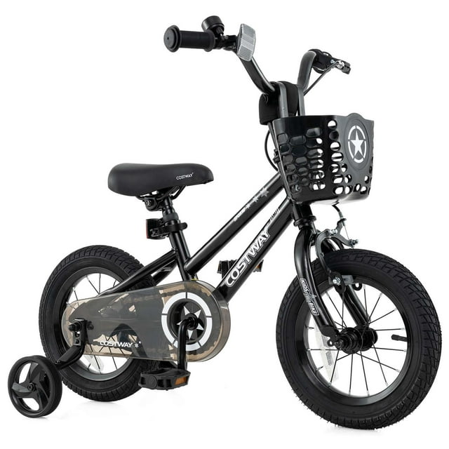 Costway Vélo 12 Pouces pour Enfant avec Roues Stabilisatrices, Guidon et Selle Ajustables, Frein à Main, Noir