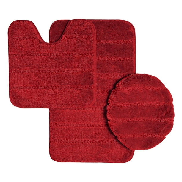 Ribbed Design Soft Pile Solid Color 3 Piece Bathroom Rug Set Bath Mat Contour Rug Universal Lid Cover Louise Red Walmart Com Walmart Com