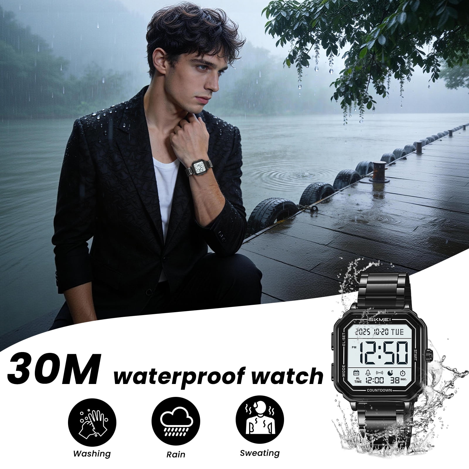 SKMEI Mens Digital Watch Sports Waterproof Outdoor Large Face Military Watches for Men with Stopwatch LED Back Ligh Alarm