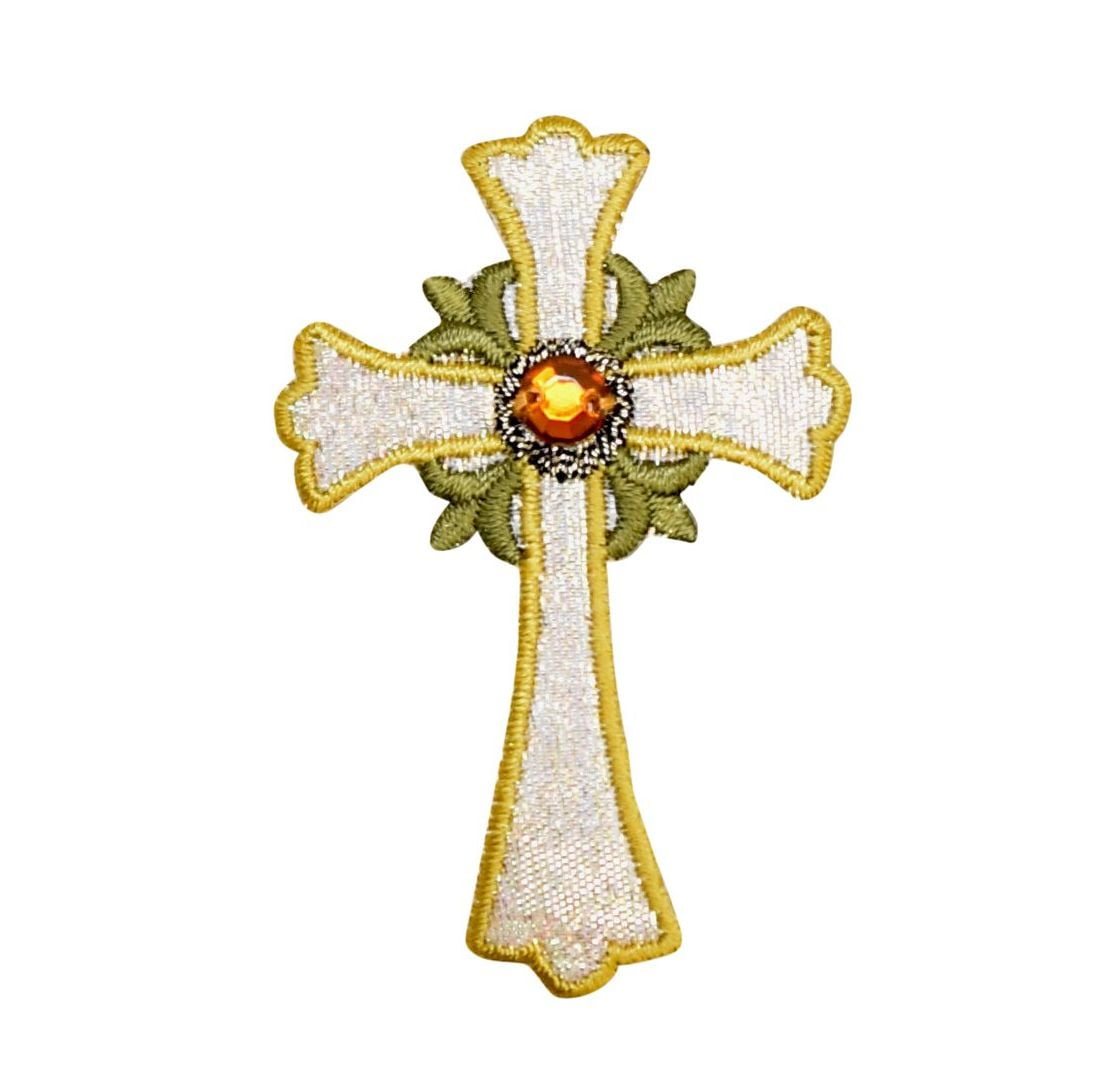 Gold Cross Green Flowers Gem Iron on Applique/Embroidered Patch