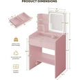 thumbnail image 4 of Vanity Desk Set with Square Makeup Mirror and Light- Small Vanity Table with Drawers- Pink, 4 of 17