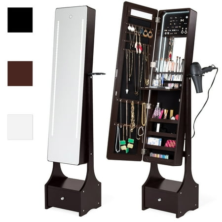 Best Choice Products Full Length Standing LED Mirrored Jewelry Makeup Storage Cabinet Armoire with Interior & Exterior Lights, Touchscreen, Shelf, Velvet Lining, 4 Compartments, Drawer, (Best Chanel Makeup Products)