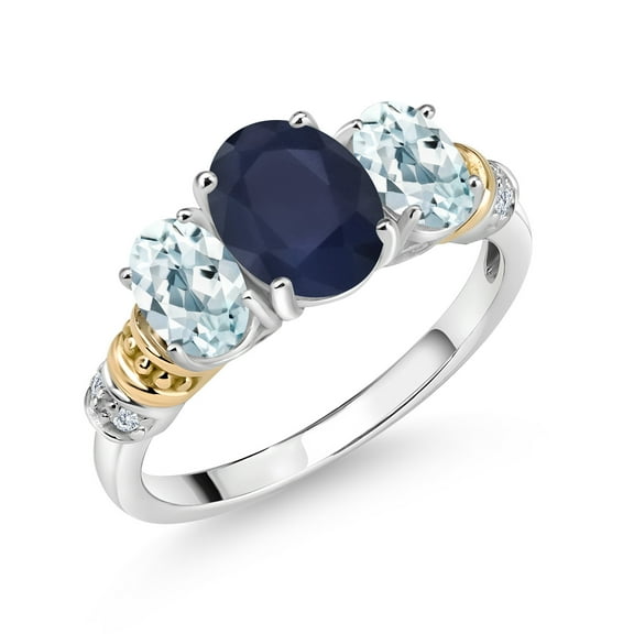 Gem Stone King 925 Sterling Silver and 10K Yellow Gold Oval Blue Sapphire Sky Blue Aquamarine and White Diamond 3 Stone Ring for Women (2.83 Cttw, Gemstone September Birthstone, Size 7)