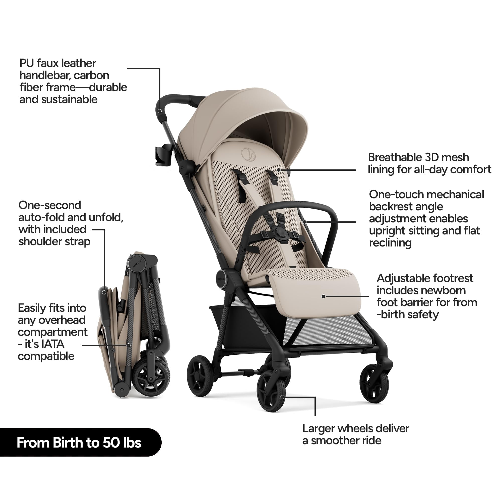 Mompush Nexis Carbon Ultra-Light Travel Stroller, Compact, Full Recline, from Birth to 50 lbs, Khaki, 13.9LB, Unisex