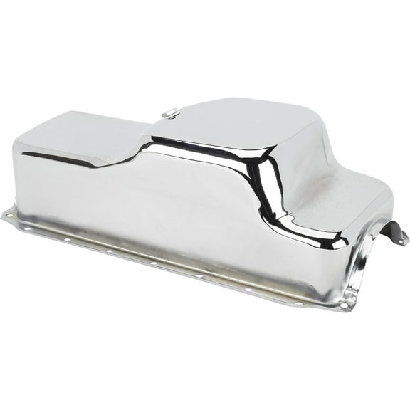 Speedway Motors Stock Front Sump Chrome Steel Oil Pan Compatible with Mopar 360  Passenger Side Style 7.5 Inch Deep Sump Includes Drain Plug for Car Applications
