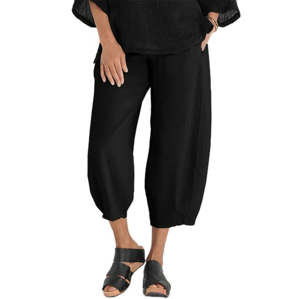Sonducket Pantalones casuales de mujer de cintura elástica suelta de poliéster hechos de algodón y lino pantalones cómodos y transpirables Prendas para la parte inferior del cuerpo negro,1 5XL