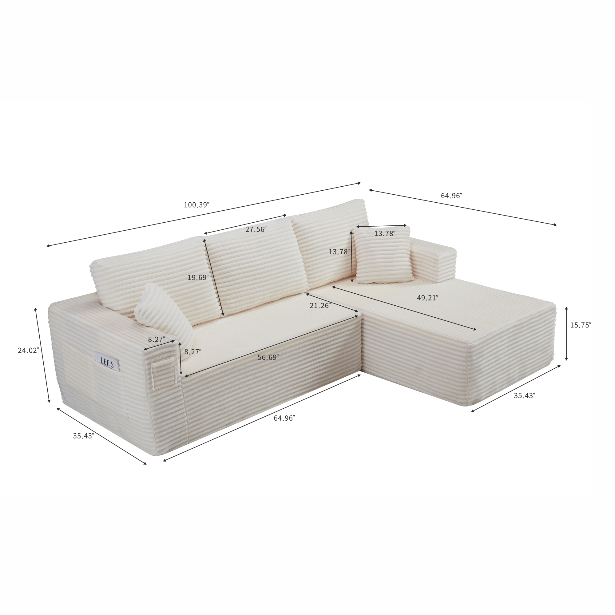 HOQBN 100.39" Cloud Sectional Couch with R-Shape Chaise,Modern Modular Sofa with Deep Seat,No Assembly Required,Compressed Packaging for Living Room Beige