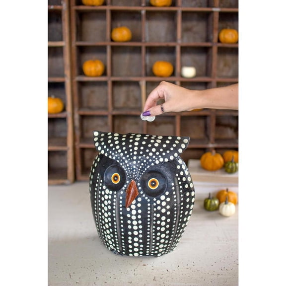 PAINTED METAL OWL BANK BLACK