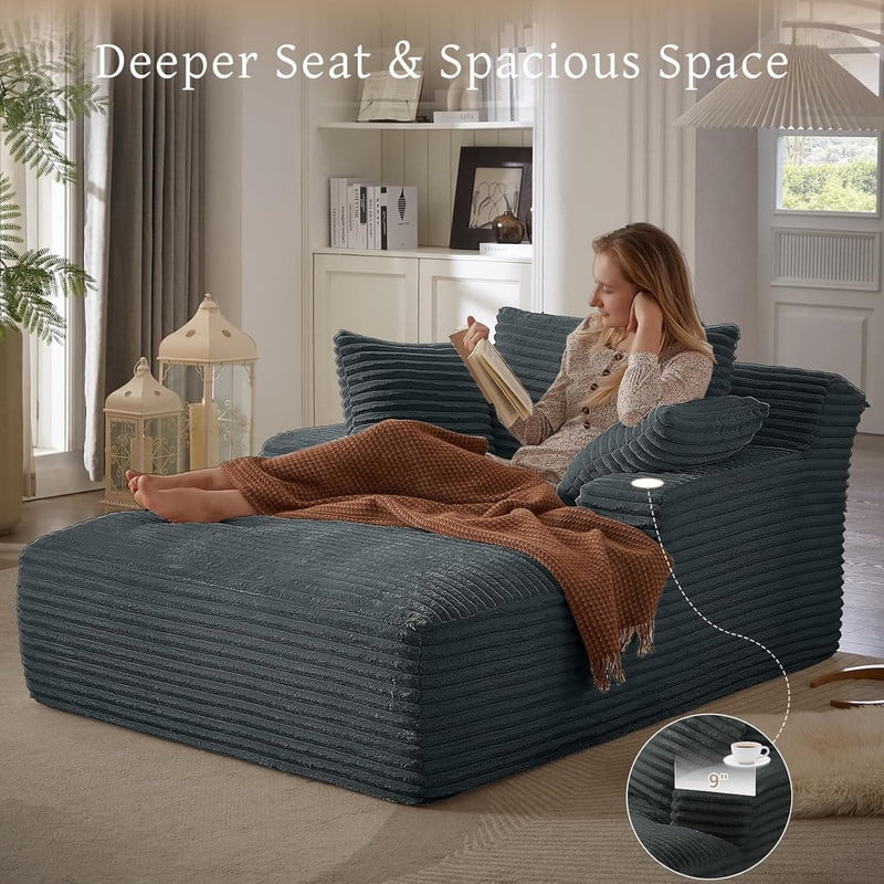 Oversized Chaise Lounge Chair Indoor, Upholstered Sofa Bed Sleeper Sofa Corduroy Cloud Couch Boneless Sofa Reading Chair with 3 Pillows for Living Room, 49.2''x66.1''