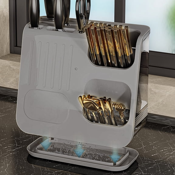 AYktou Multifunctional Kitchen Utensil Holders, Knife and Chopsticks Organizers Storage Box Kitchen Countertops Cutlery Storage Shelves Tableware Compartment Drainage Racks Knife Stand, Gray