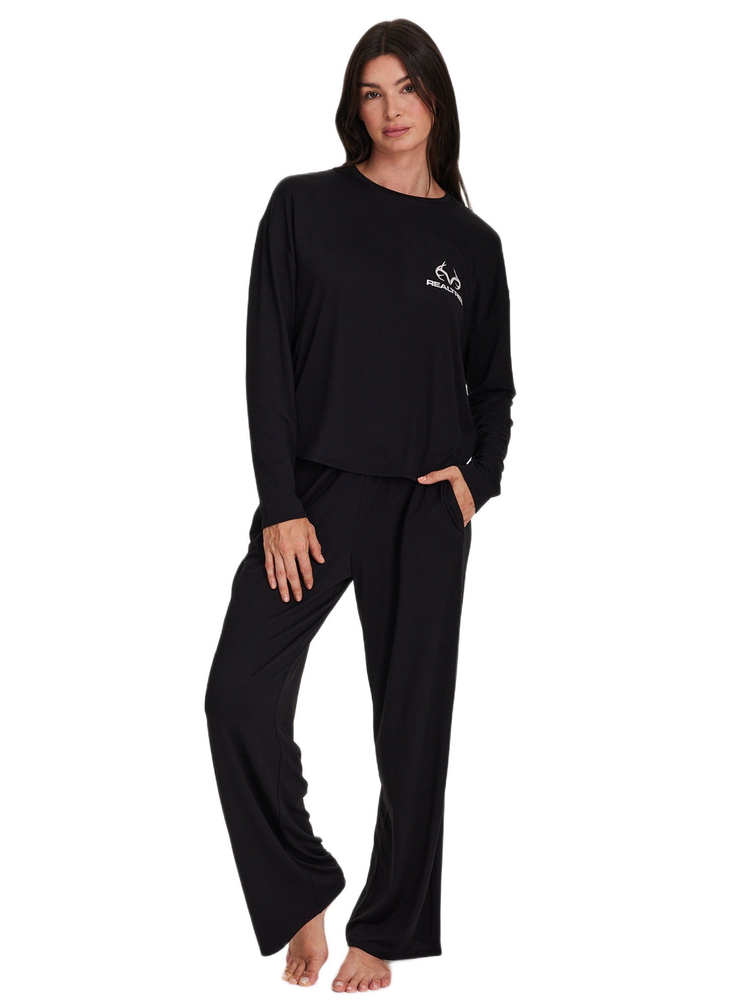 REALTREE Women's & Women's Plus Long Sleeve Comfy Wide Leg Pant Pant Pajama Lounge Sleep Set, 2-Piece, Sizes S-3XL