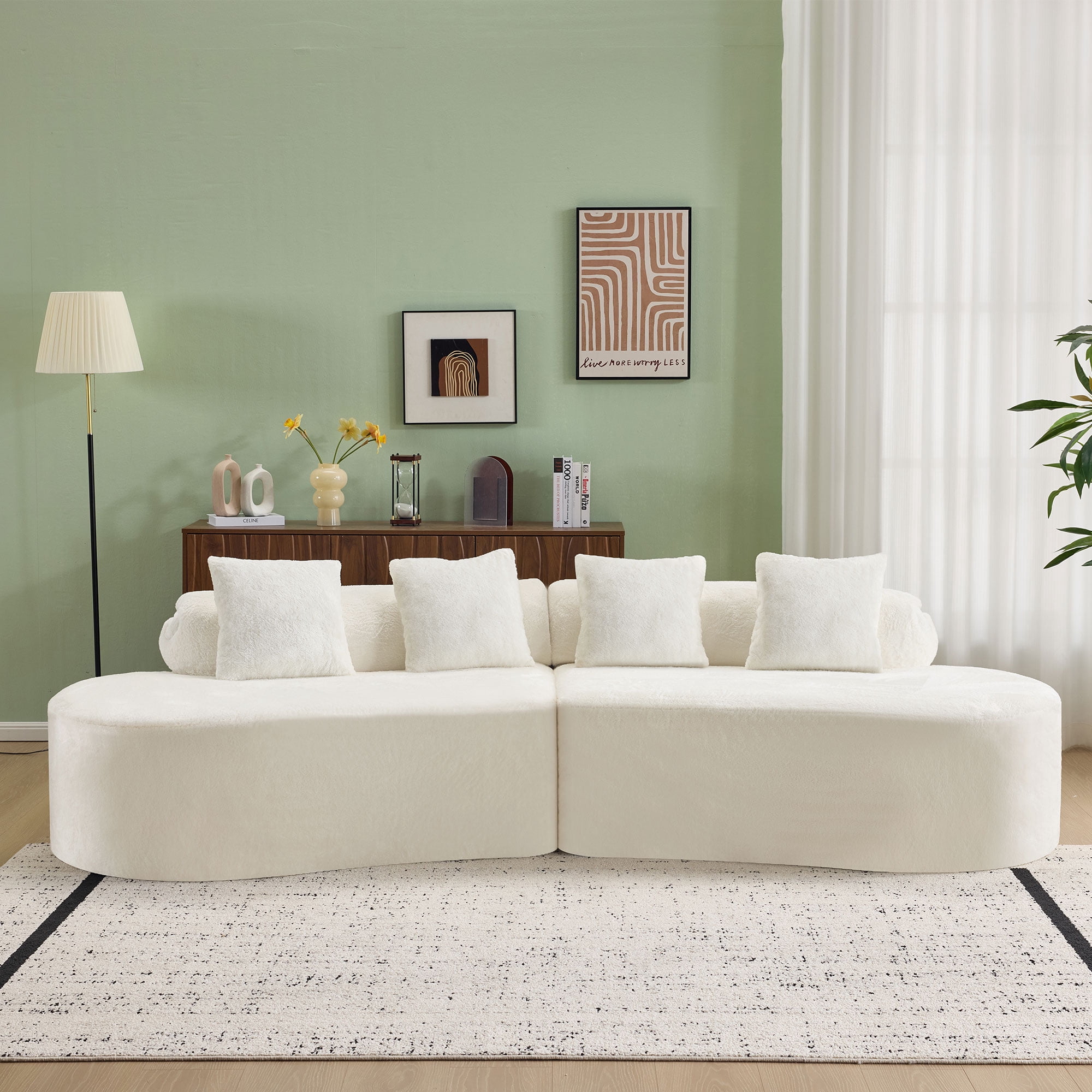 Modular Sofa, White Curved Plush Sectional with Foam Spring Support, 111-Inch Multi-Seat Sleeper for Living Room and Small Spaces