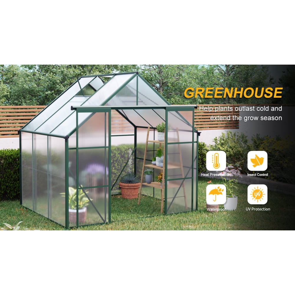 8x6 FT Green Polycarbonate Greenhouse, Double Door Walk-In Design with Anchored Base for All-Season Use